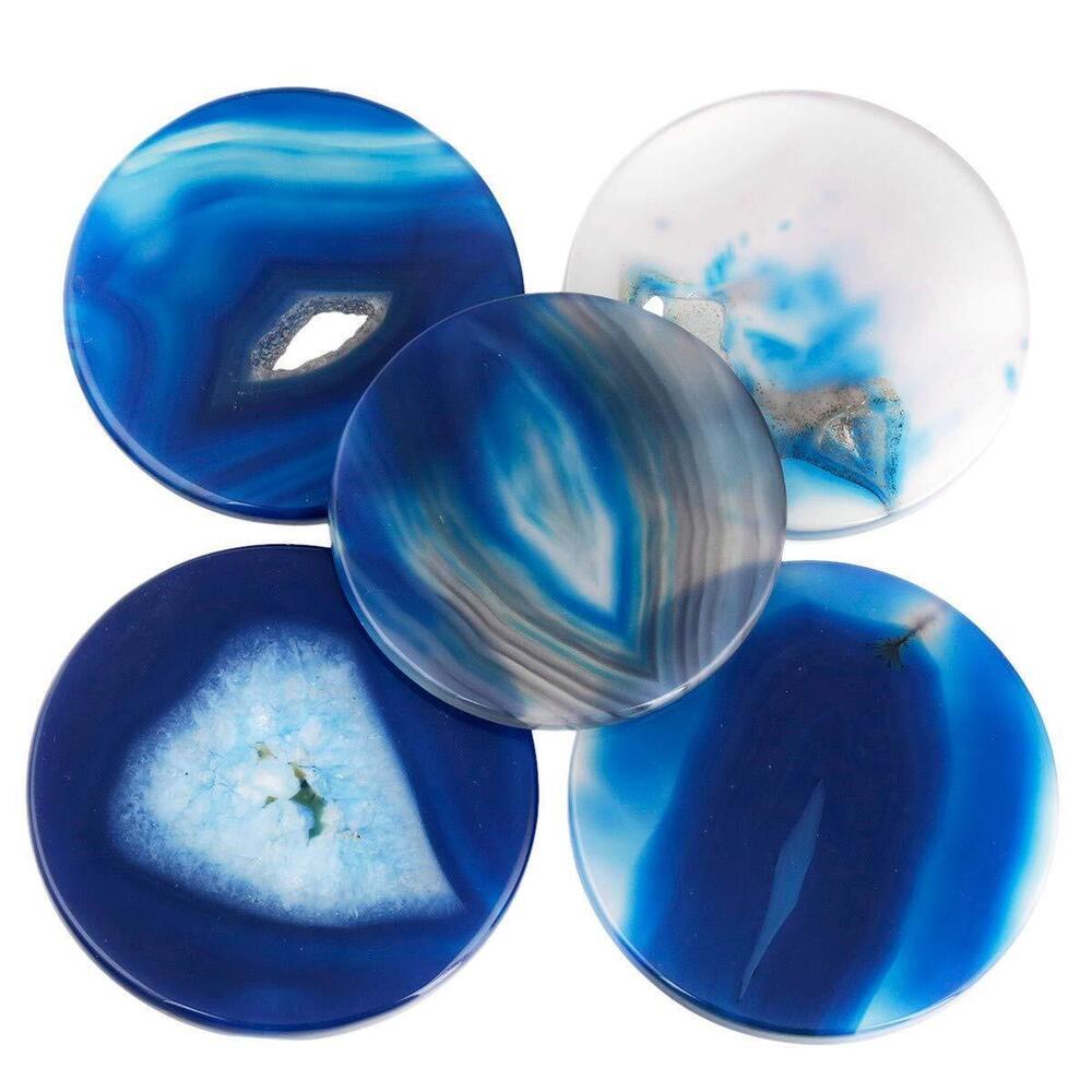 4359 Sky Blue Light Table Agate Slice Set, Round Polished Stone Geode Drusy